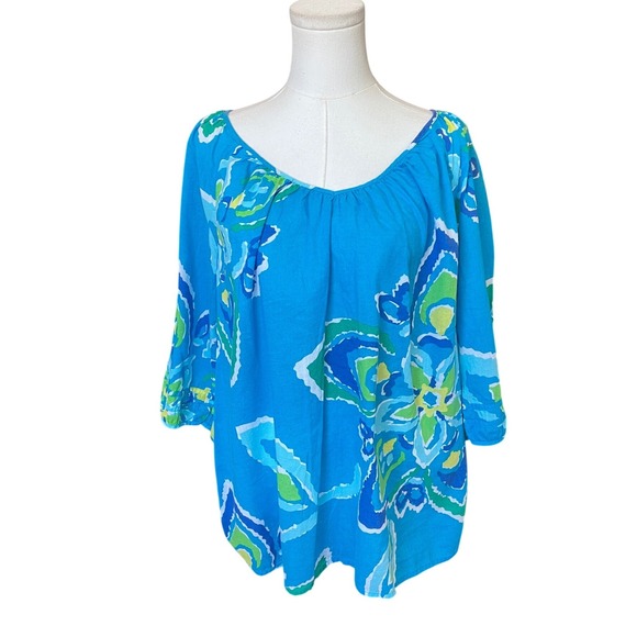 Old Navy Tops - Old Navy Womens Floral Cotton Peasant‎ Top Size L 3/4 Sleeve Tropical Hawaiian